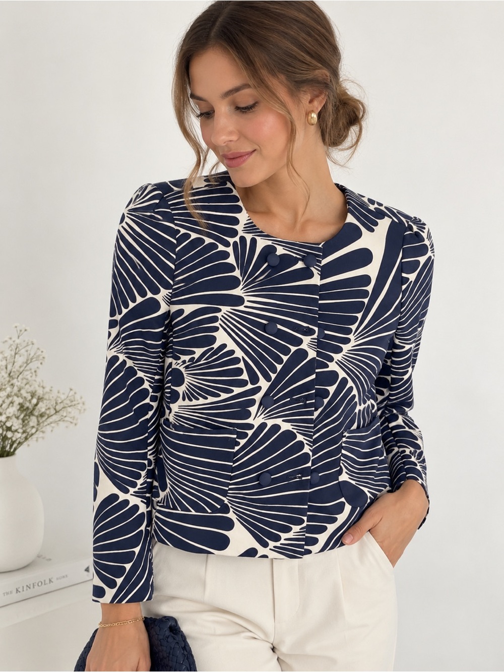 J.Crew Navy White Shell Print Double Breasted Cropped Blazer Jacket Size 0